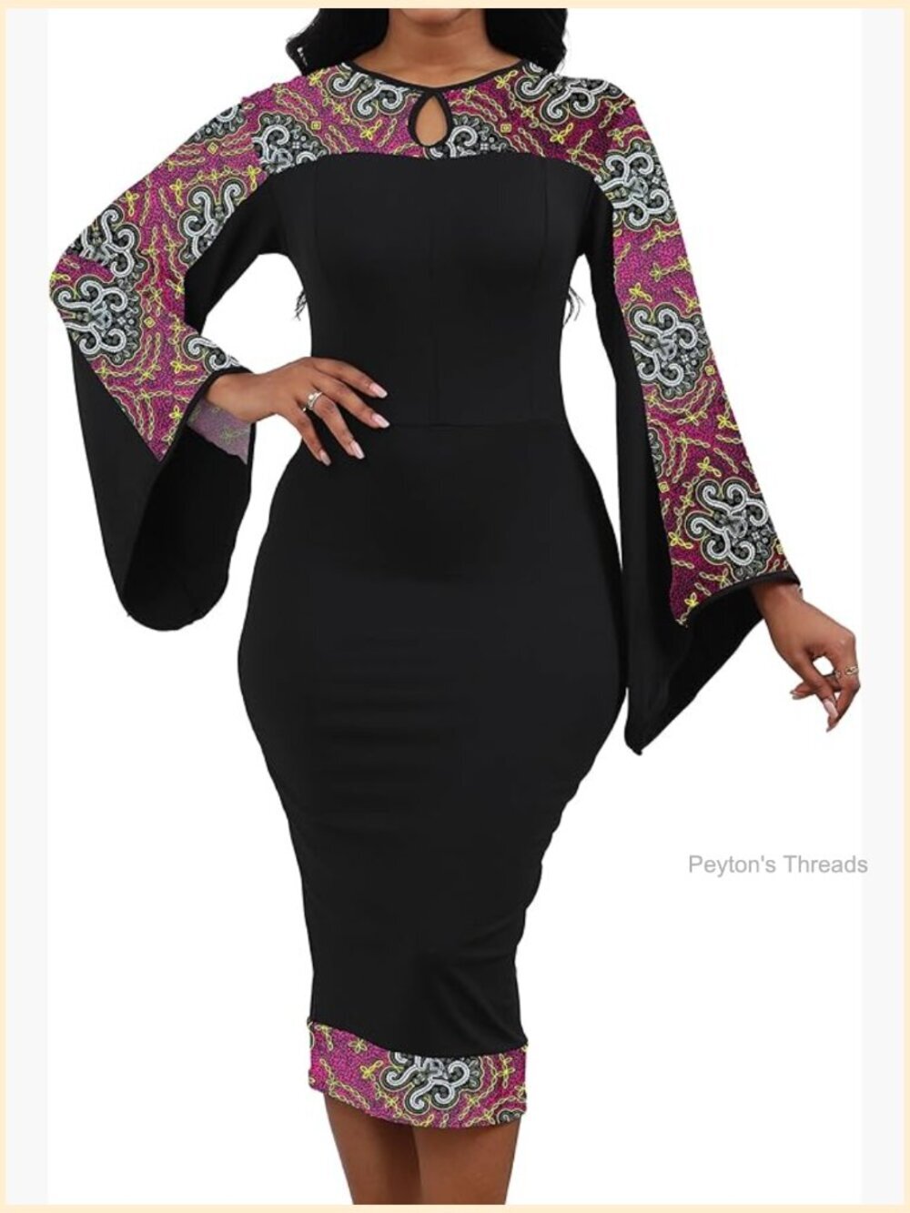 African Print Bodycon Pencil Dress Long Sleeve Mock Neck Slim Fit Work Dress